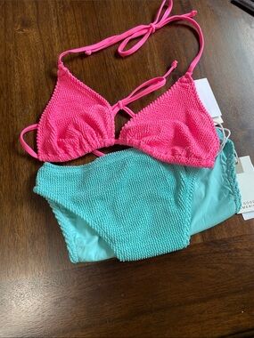 Good American Pink Triangle Bikini Top & Aqua High-Waist Bottom